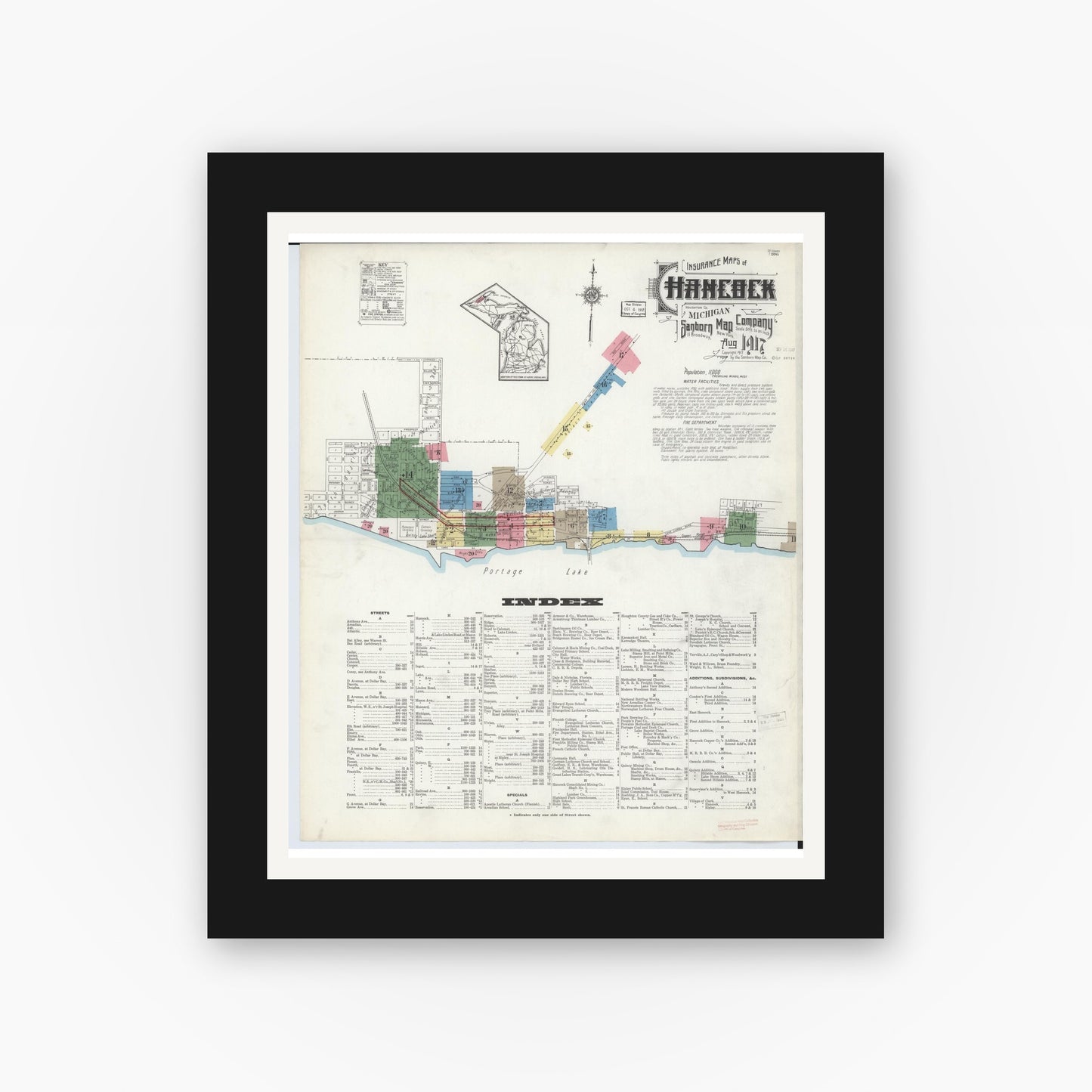 Old map wall art mockup — black gallery frame with white mat — Sanborn Fire Insurance Map from Hancock, Houghton County, Michigan (1917) - Complete Map Set