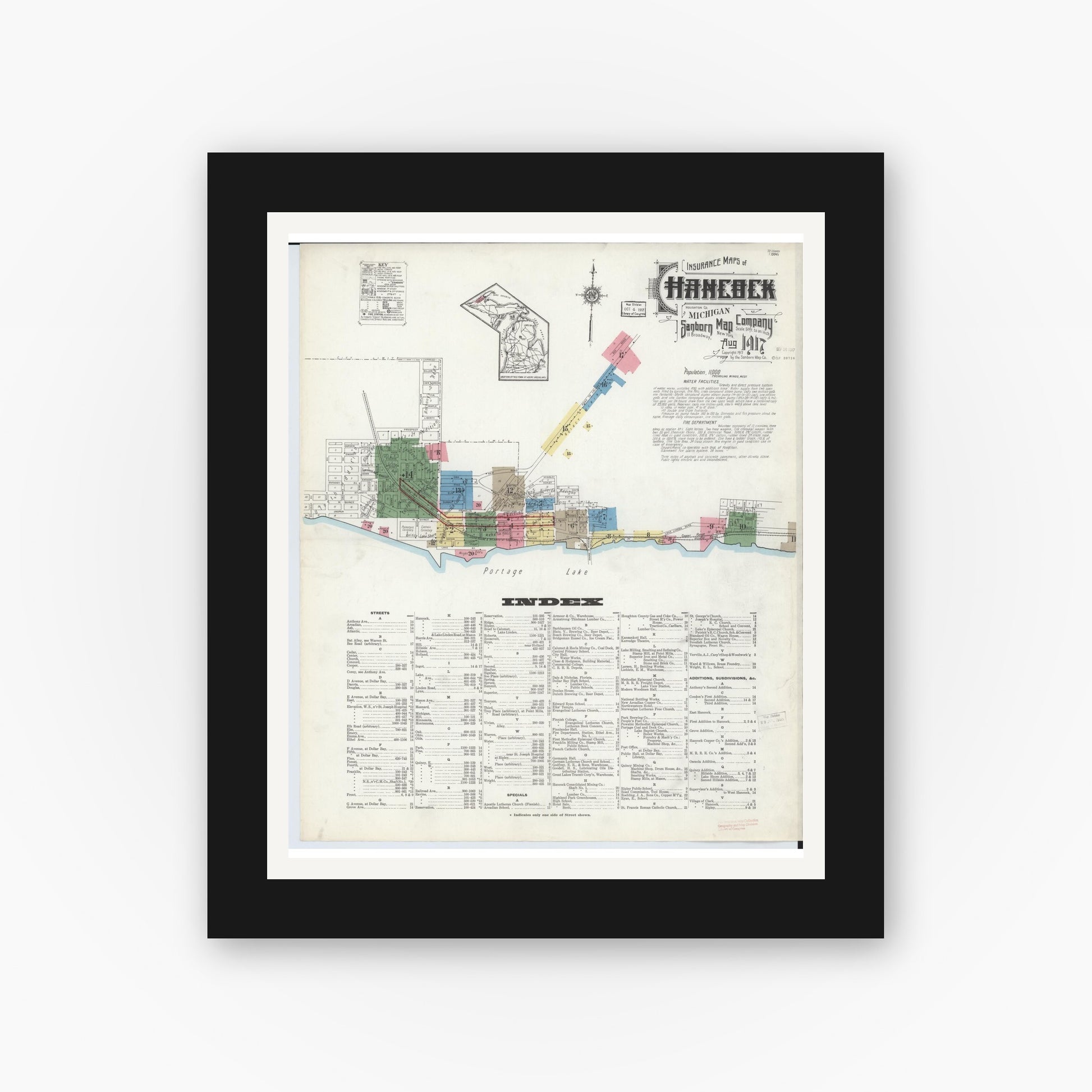 Old map wall art mockup — black gallery frame with white mat — Sanborn Fire Insurance Map from Hancock, Houghton County, Michigan (1917) - Complete Map Set