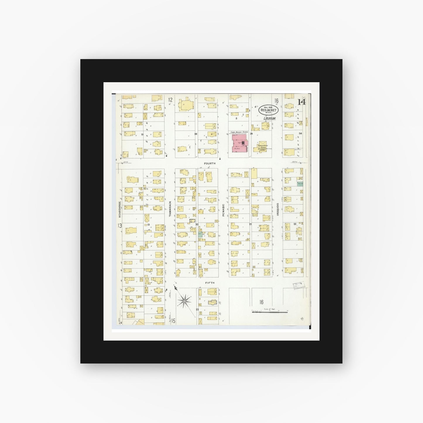 Old map wall art mockup — black gallery frame with white mat — Sanborn Fire Insurance Map from Red Jacket, Houghton County, Michigan (1908), Sheet #0014