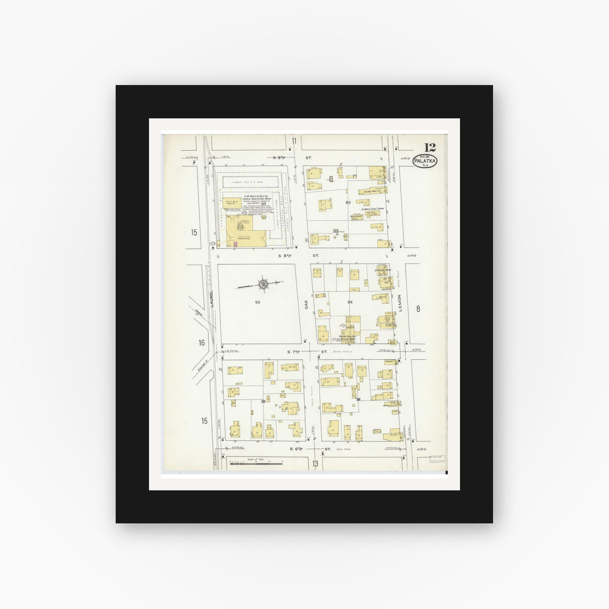 Old map wall art mockup — black gallery frame with white mat — Sanborn Fire Insurance Map from Palatka, Putnam County, Florida (1915), Sheet #0012