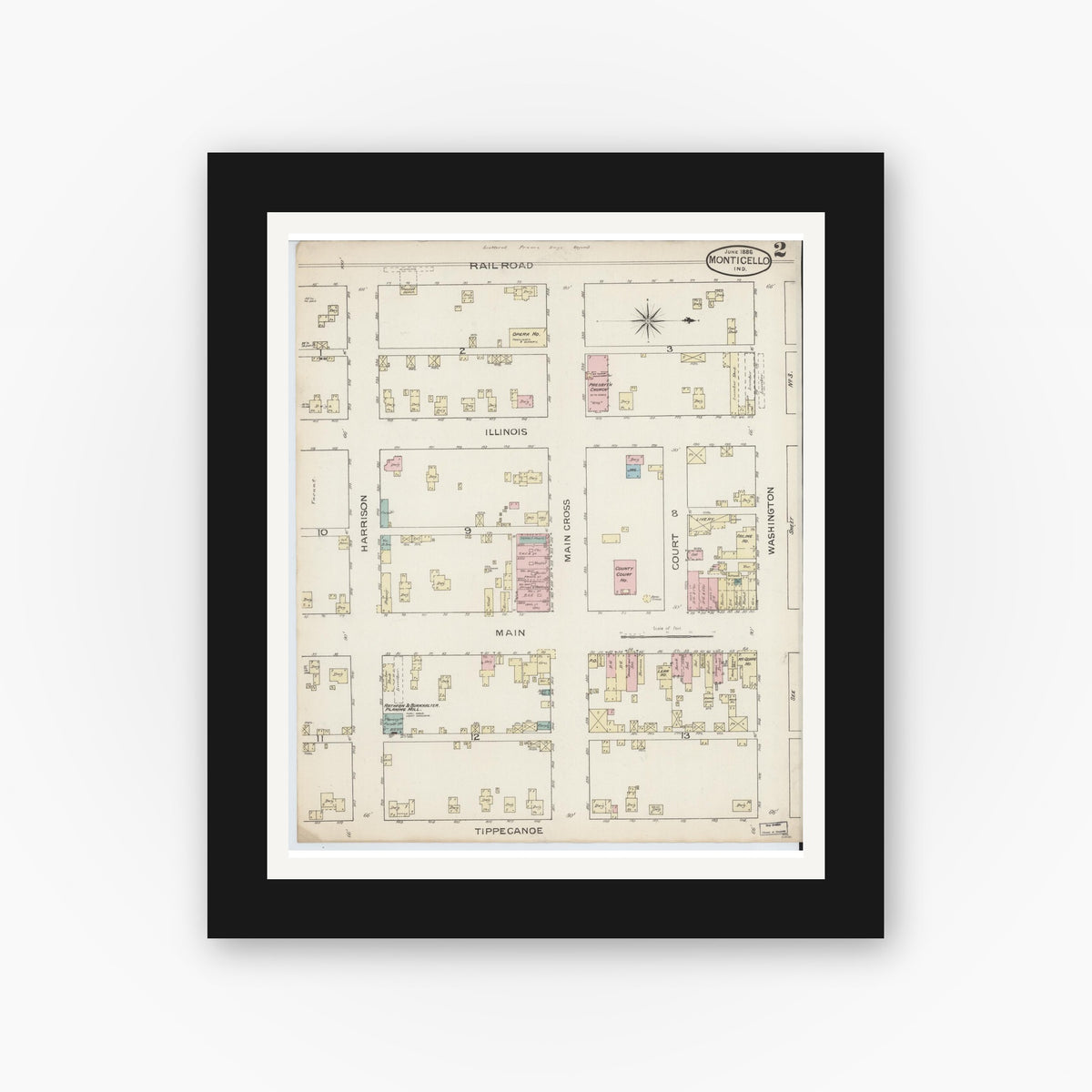 Old map wall art mockup — black gallery frame with white mat — Sanborn Fire Insurance Map from Monticello, White County, Indiana (1886), Sheet #0002