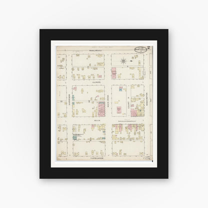 Old map wall art mockup — black gallery frame with white mat — Sanborn Fire Insurance Map from Monticello, White County, Indiana (1886), Sheet #0002