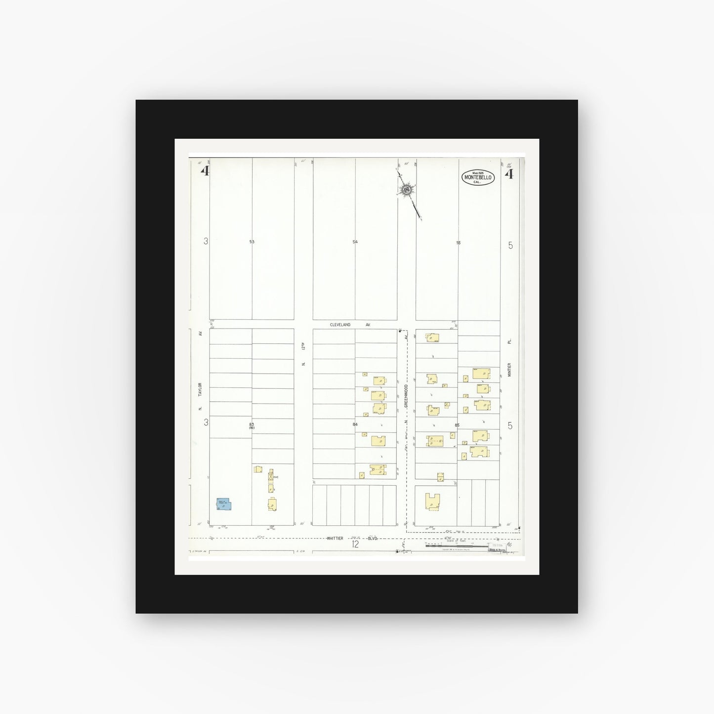 Old map wall art mockup — black gallery frame with white mat — Sanborn Fire Insurance Map from Montebello, Los Angeles County, California (1925), Sheet #0004