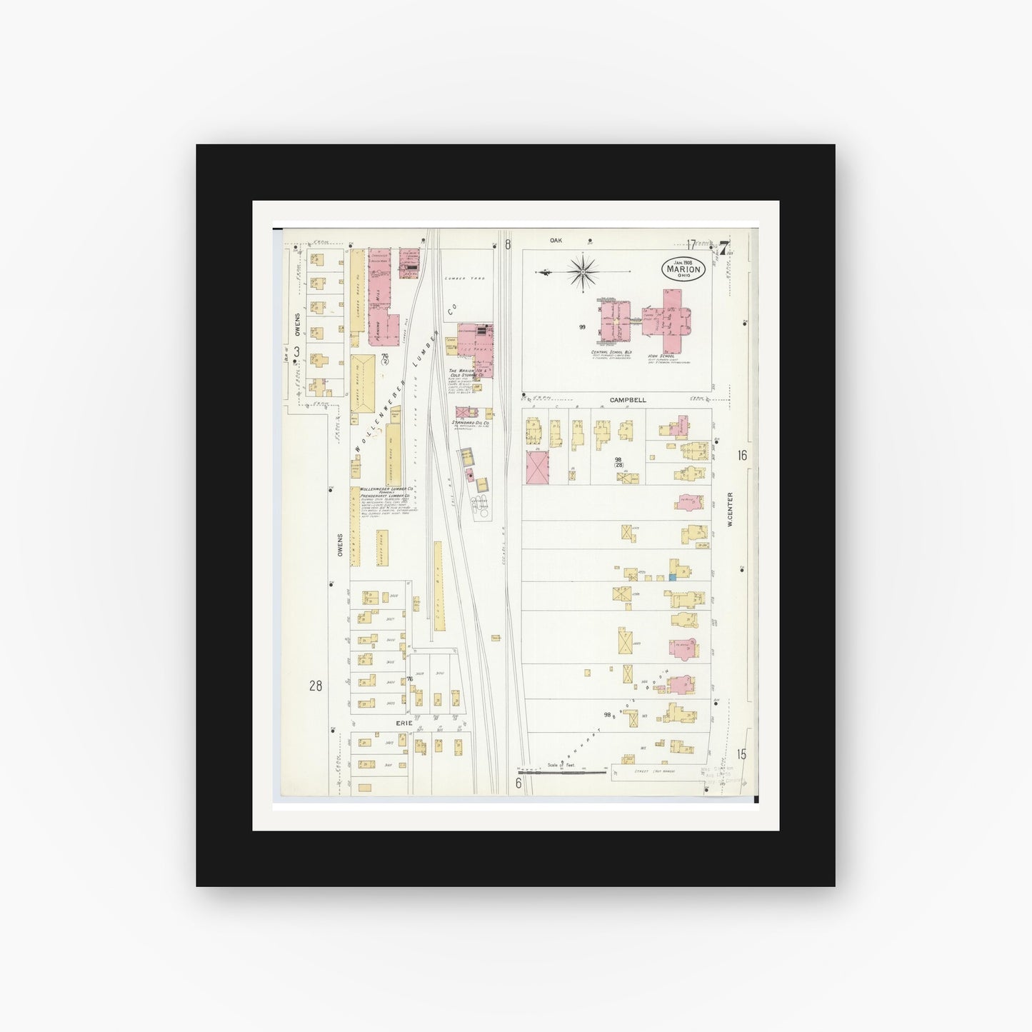 Old map wall art mockup — black gallery frame with white mat — Sanborn Fire Insurance Map from Marion, Marion County, Ohio (1908), Sheet #0007