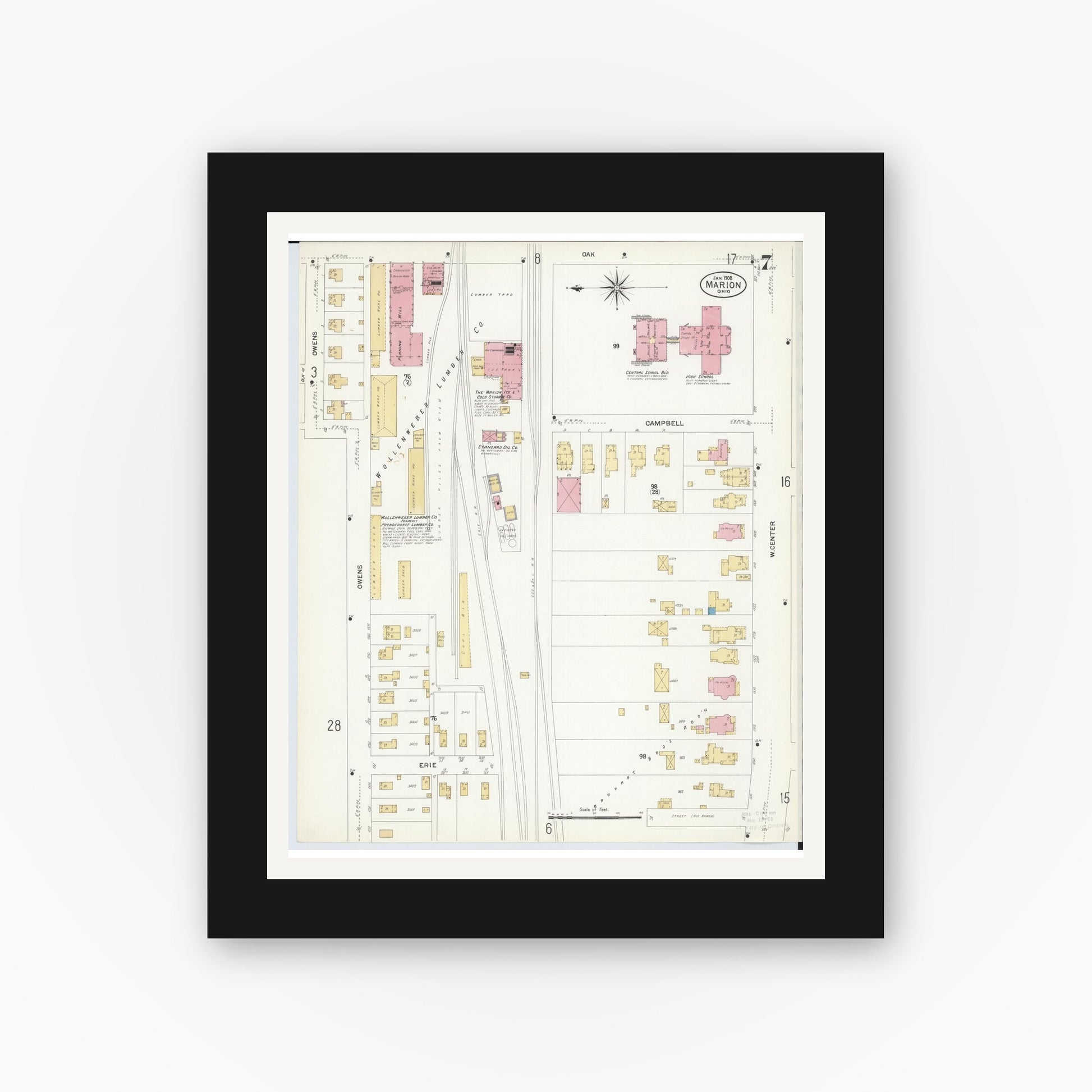 Old map wall art mockup — black gallery frame with white mat — Sanborn Fire Insurance Map from Marion, Marion County, Ohio (1908), Sheet #0007