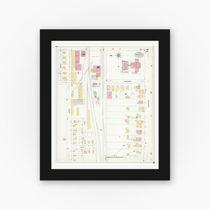 Old map wall art mockup — black gallery frame with white mat — Sanborn Fire Insurance Map from Marion, Marion County, Ohio (1908), Sheet #0007