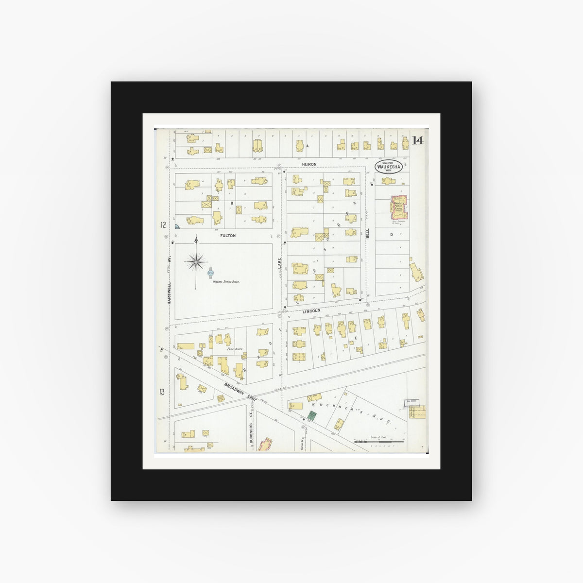Old map wall art mockup — black gallery frame with white mat — Sanborn Fire Insurance Map from Waukesha, Waukesha County, Wisconsin (1901), Sheet #0014