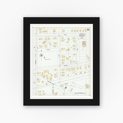 Old map wall art mockup — black gallery frame with white mat — Sanborn Fire Insurance Map from Waukesha, Waukesha County, Wisconsin (1901), Sheet #0014