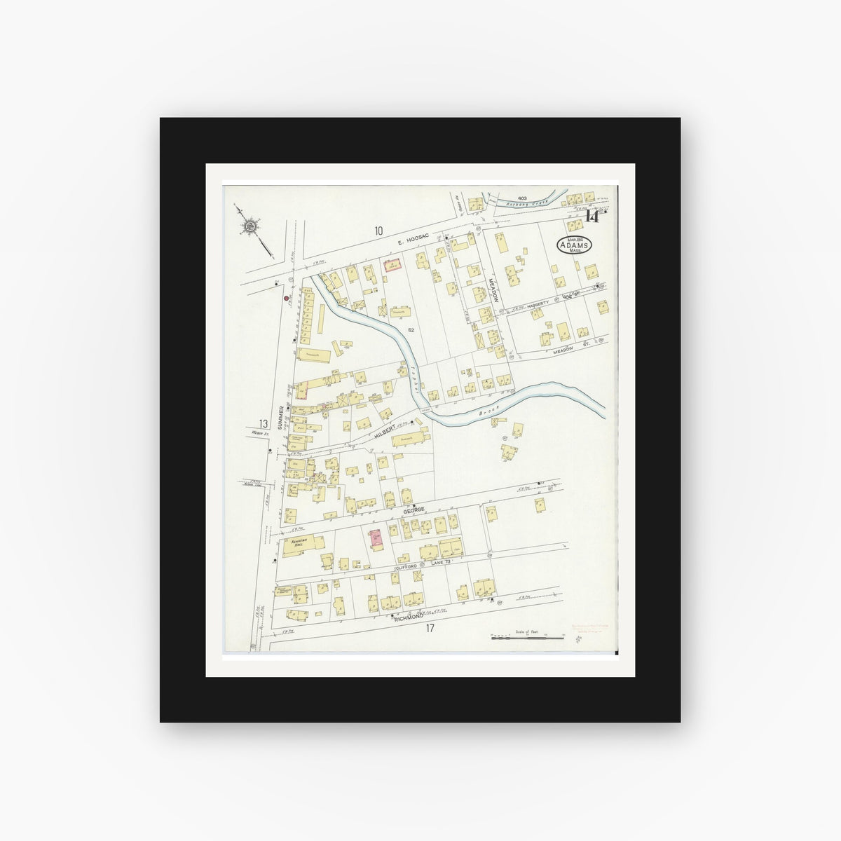 Old map wall art mockup — black gallery frame with white mat — Sanborn Fire Insurance Map from Adams, Berkshire County, Massachusetts (1914), Sheet #0014