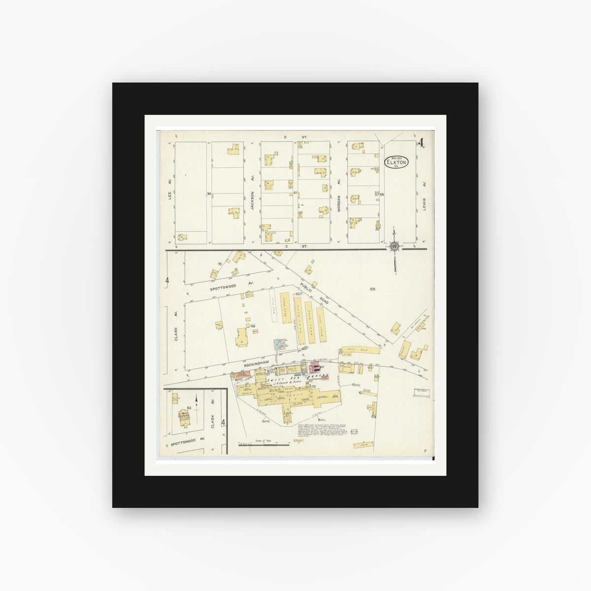 Old map wall art mockup — black gallery frame with white mat — Sanborn Fire Insurance Map from Elkton, Rockingham County, Virginia (1913), Sheet #0004