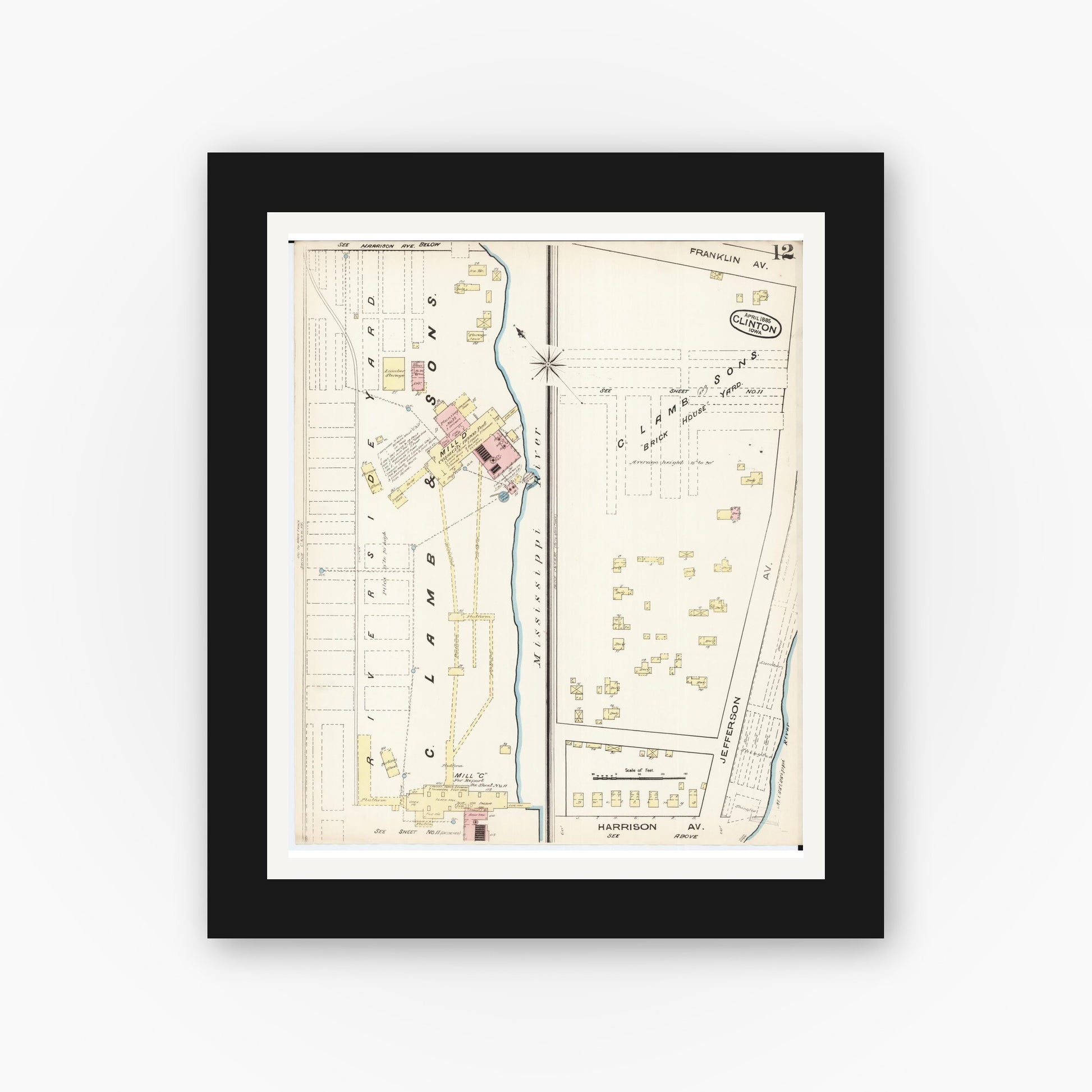 Old map wall art mockup — black gallery frame with white mat — Sanborn Fire Insurance Map from Clinton, Clinton County, Iowa (1885), Sheet #0012