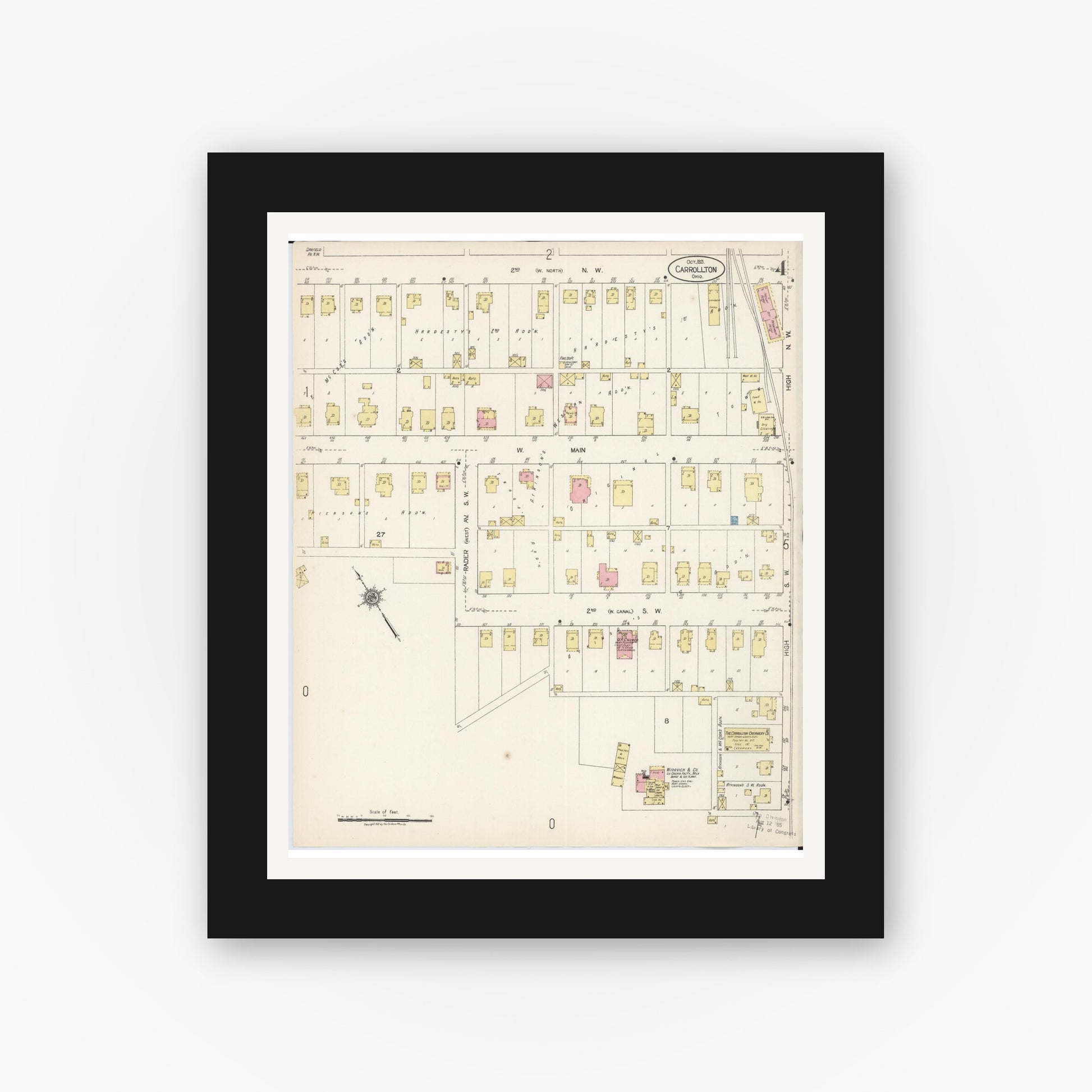Old map wall art mockup — black gallery frame with white mat — Sanborn Fire Insurance Map from Carrollton, Carroll County, Ohio (1921), Sheet #0004