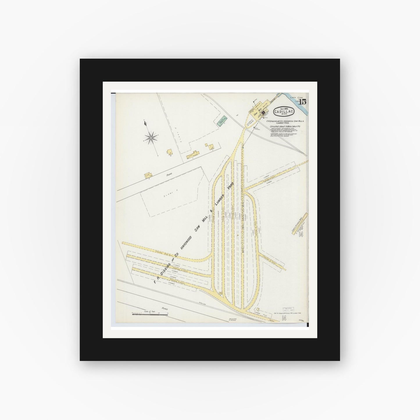 Old map wall art mockup — black gallery frame with white mat — Sanborn Fire Insurance Map from Cadillac, Wexford County, Michigan (1895), Sheet #0015