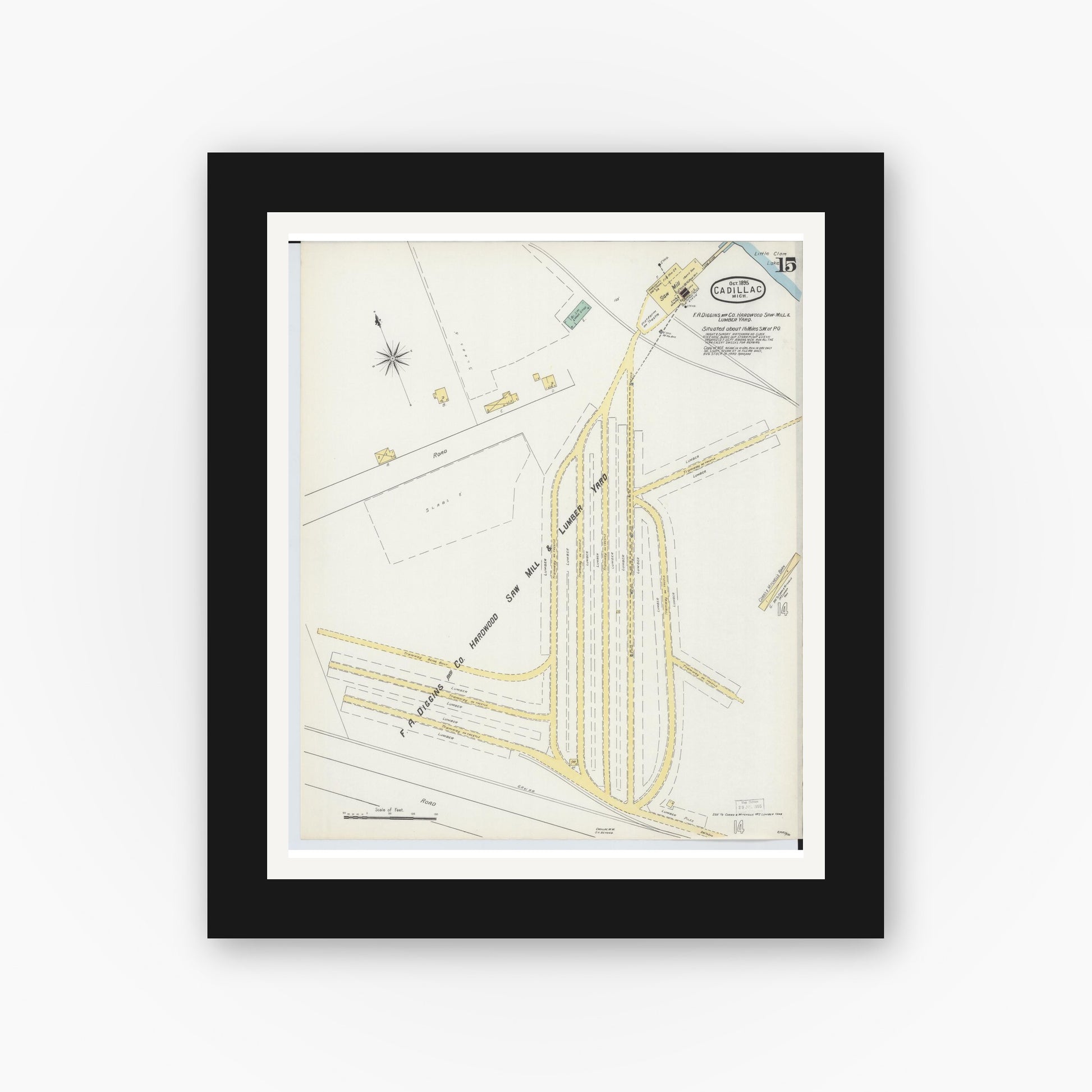Old map wall art mockup — black gallery frame with white mat — Sanborn Fire Insurance Map from Cadillac, Wexford County, Michigan (1895), Sheet #0015