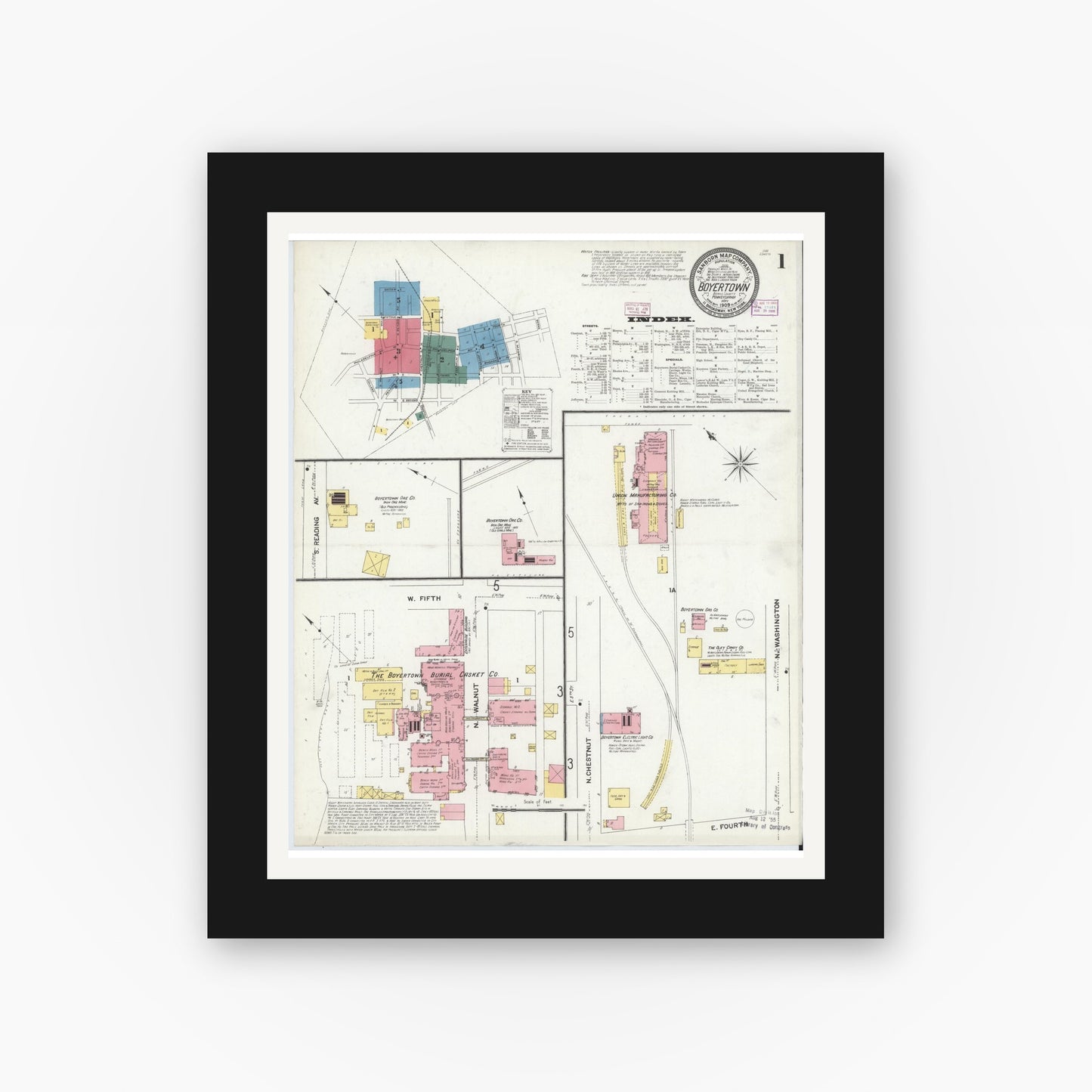 Old map wall art mockup — black gallery frame with white mat — Sanborn Fire Insurance Map from Boyertown, Berks County, Pennsylvania (1909) - Complete Map Set
