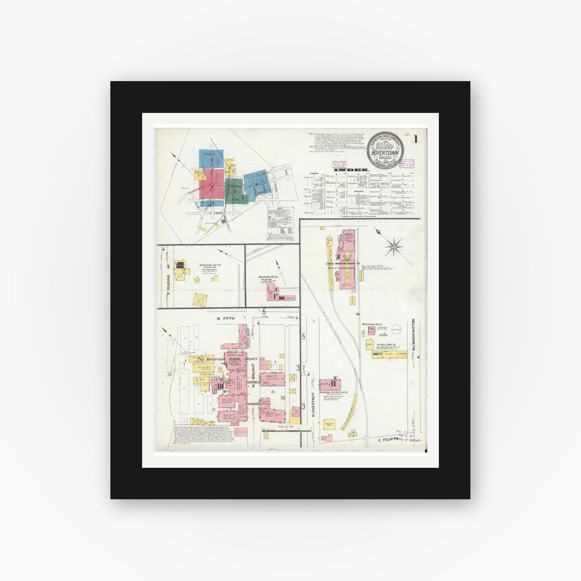 Old map wall art mockup — black gallery frame with white mat — Sanborn Fire Insurance Map from Boyertown, Berks County, Pennsylvania (1909) - Complete Map Set