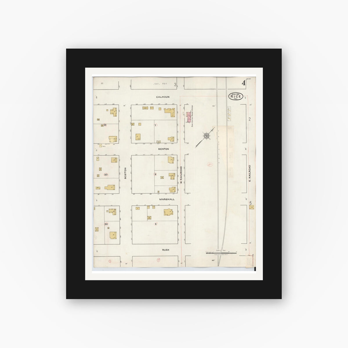 Old map wall art mockup — black gallery frame with white mat — Sanborn Fire Insurance Map from Rice, Navarro County, Texas (1935), Sheet #0004