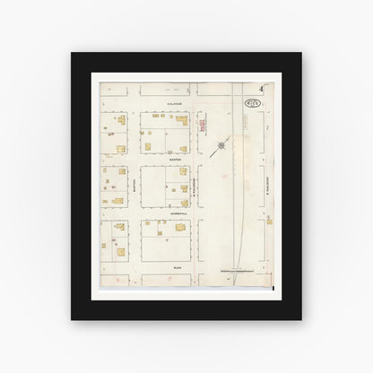 Old map wall art mockup — black gallery frame with white mat — Sanborn Fire Insurance Map from Rice, Navarro County, Texas (1935), Sheet #0004