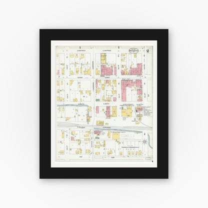 Old map wall art mockup — black gallery frame with white mat — Sanborn Fire Insurance Map from Washington, Daviess County, Indiana (1902), Sheet #0002