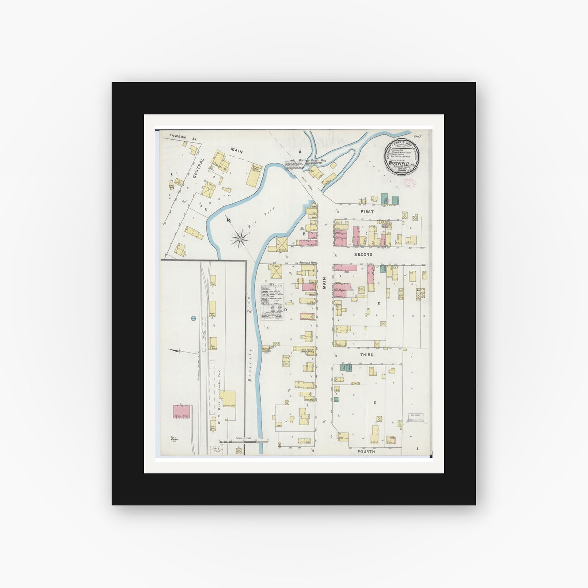 Old map wall art mockup — black gallery frame with white mat — Sanborn Fire Insurance Map from Westfield, Marquette County, Wisconsin (1894), Sheet #0001