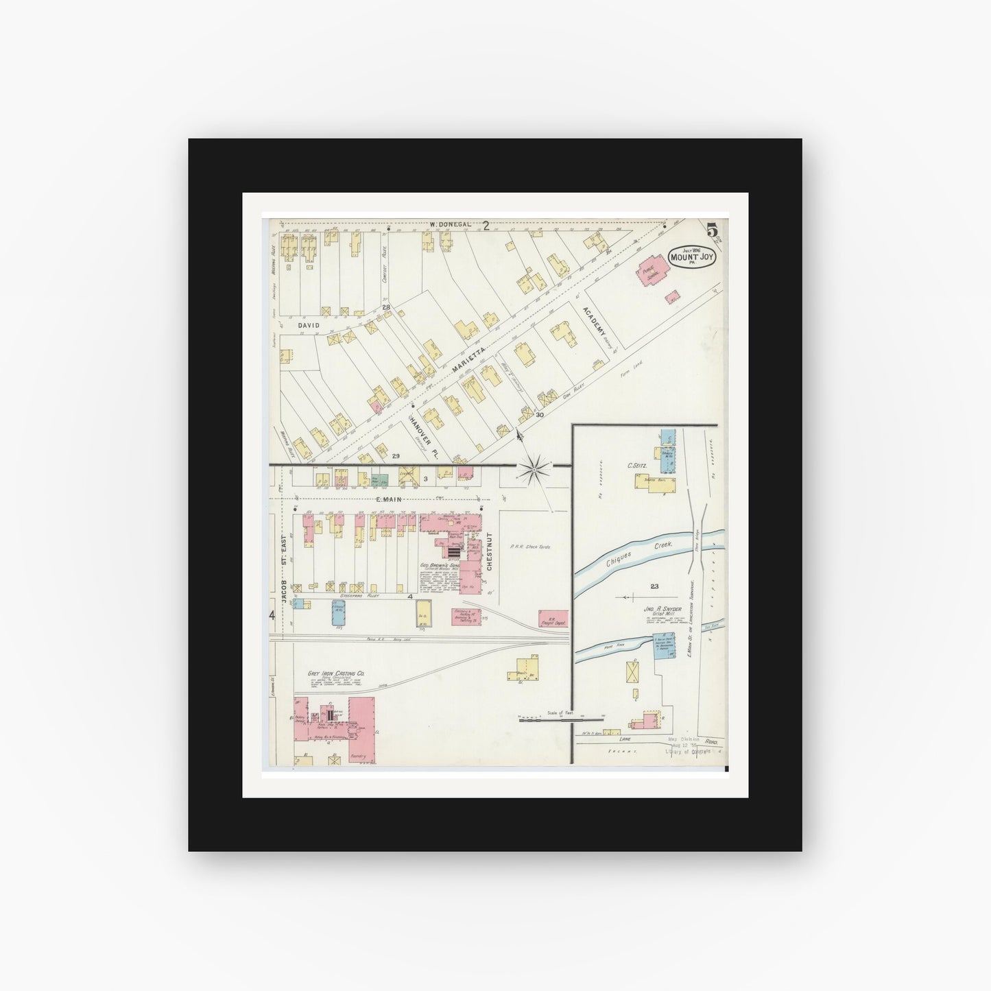 Old map wall art mockup — black gallery frame with white mat — Sanborn Fire Insurance Map from Mount Joy, Lancaster County, Pennsylvania (1896), Sheet #0005