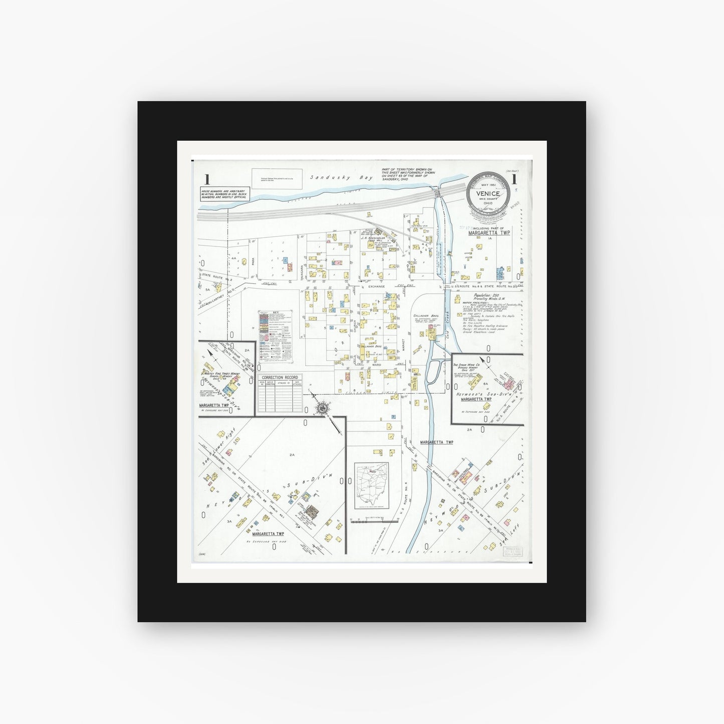 Old map wall art mockup — black gallery frame with white mat — Sanborn Fire Insurance Map from Venice, Erie County, Ohio (1951), Sheet #0001