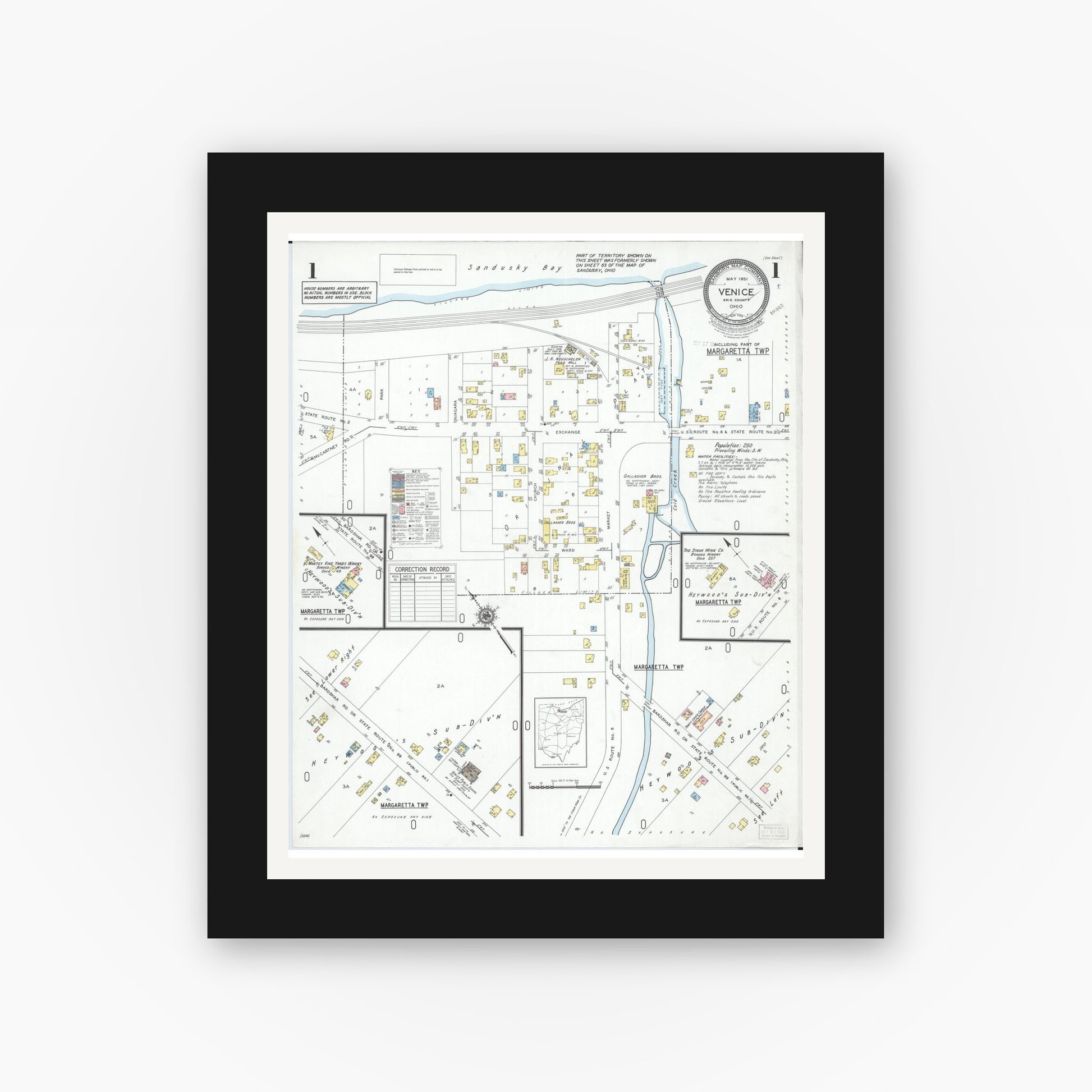 Old map wall art mockup — black gallery frame with white mat — Sanborn Fire Insurance Map from Venice, Erie County, Ohio (1951), Sheet #0001