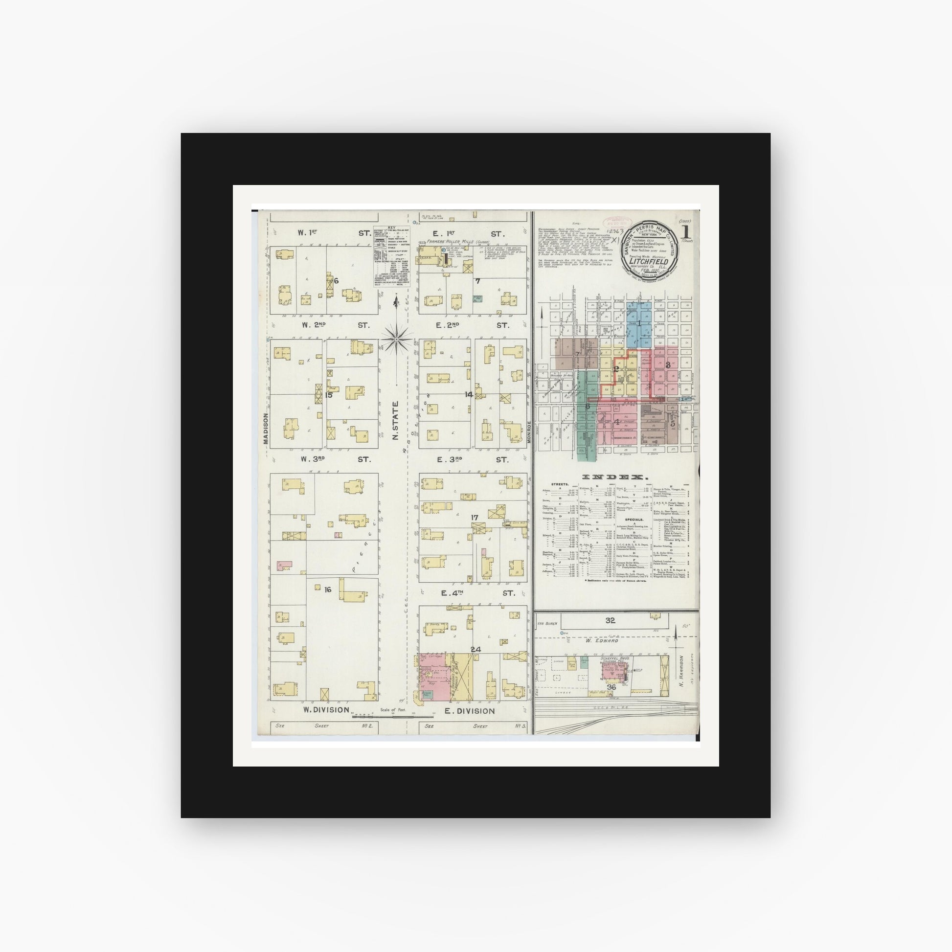 Old map wall art mockup — black gallery frame with white mat — Sanborn Fire Insurance Map from Litchfield, Montgomery County, Illinois (1892), Sheet #0001