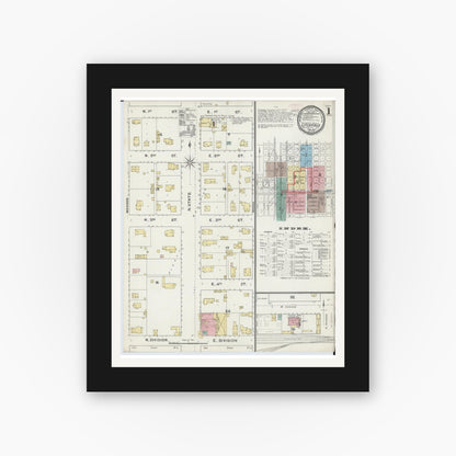 Old map wall art mockup — black gallery frame with white mat — Sanborn Fire Insurance Map from Litchfield, Montgomery County, Illinois (1892), Sheet #0001