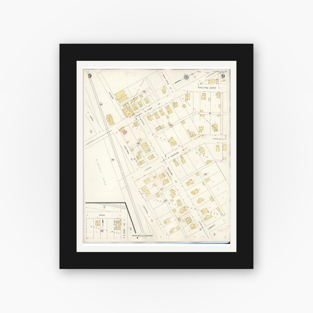 Old map wall art mockup — black gallery frame with white mat — Sanborn Fire Insurance Map from Batesville, Ripley County, Indiana (1948), Sheet #0009