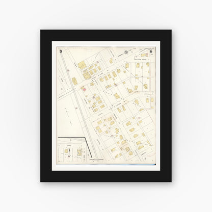 Old map wall art mockup — black gallery frame with white mat — Sanborn Fire Insurance Map from Batesville, Ripley County, Indiana (1948), Sheet #0009