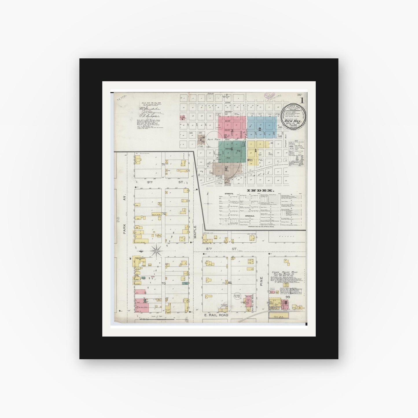 Old map wall art mockup — black gallery frame with white mat — Sanborn Fire Insurance Map from Rich Hill, Bates County, Missouri (1893) - Complete Map Set