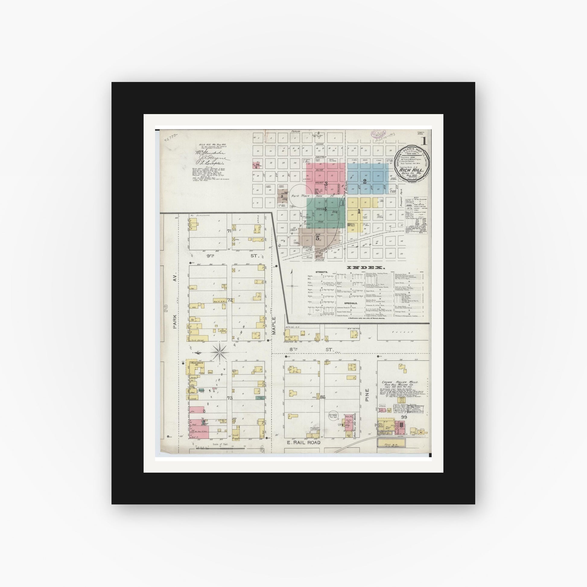 Old map wall art mockup — black gallery frame with white mat — Sanborn Fire Insurance Map from Rich Hill, Bates County, Missouri (1893) - Complete Map Set