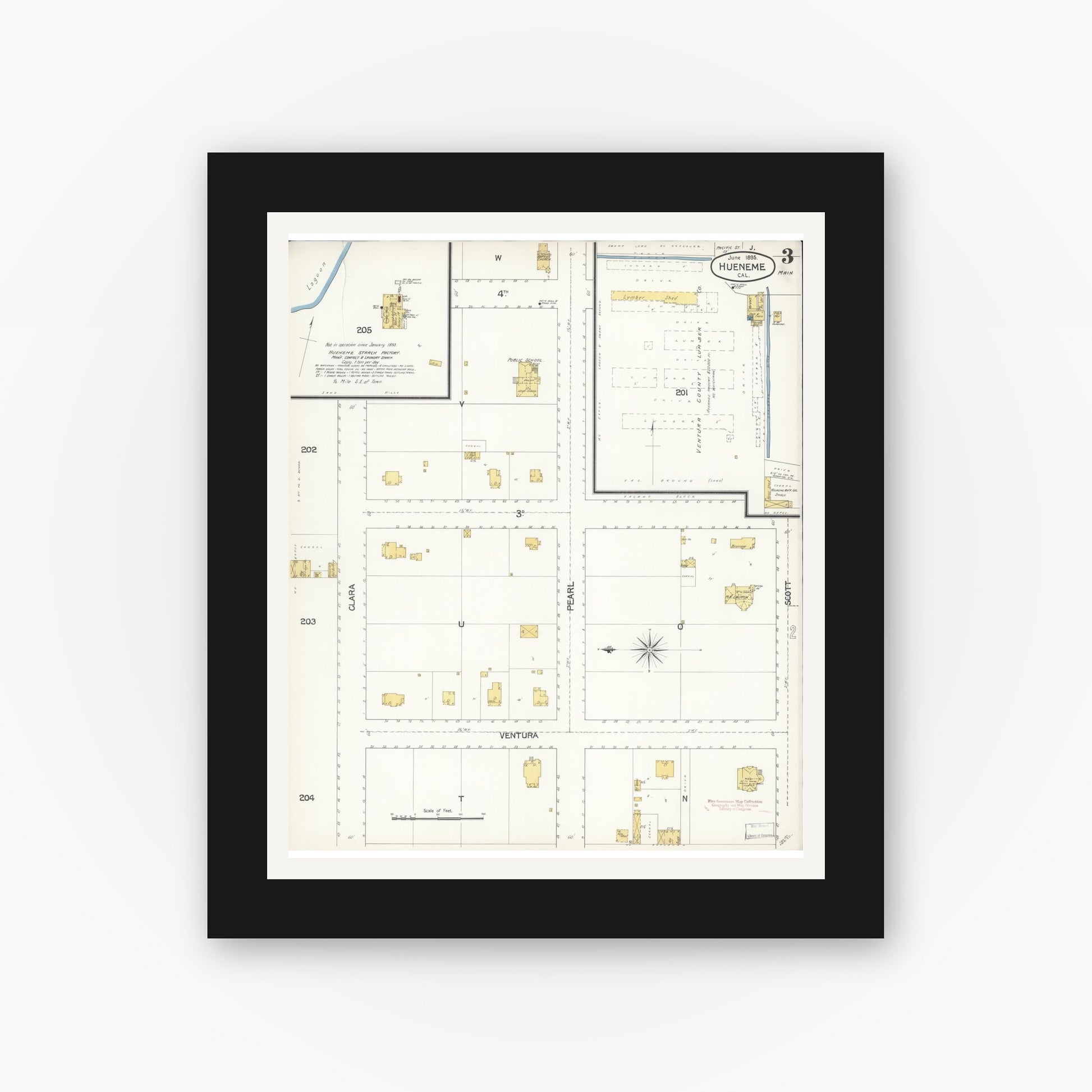 Old map wall art mockup — black gallery frame with white mat — Sanborn Fire Insurance Map from Hueneme, Ventura County, California (1895), Sheet #0003