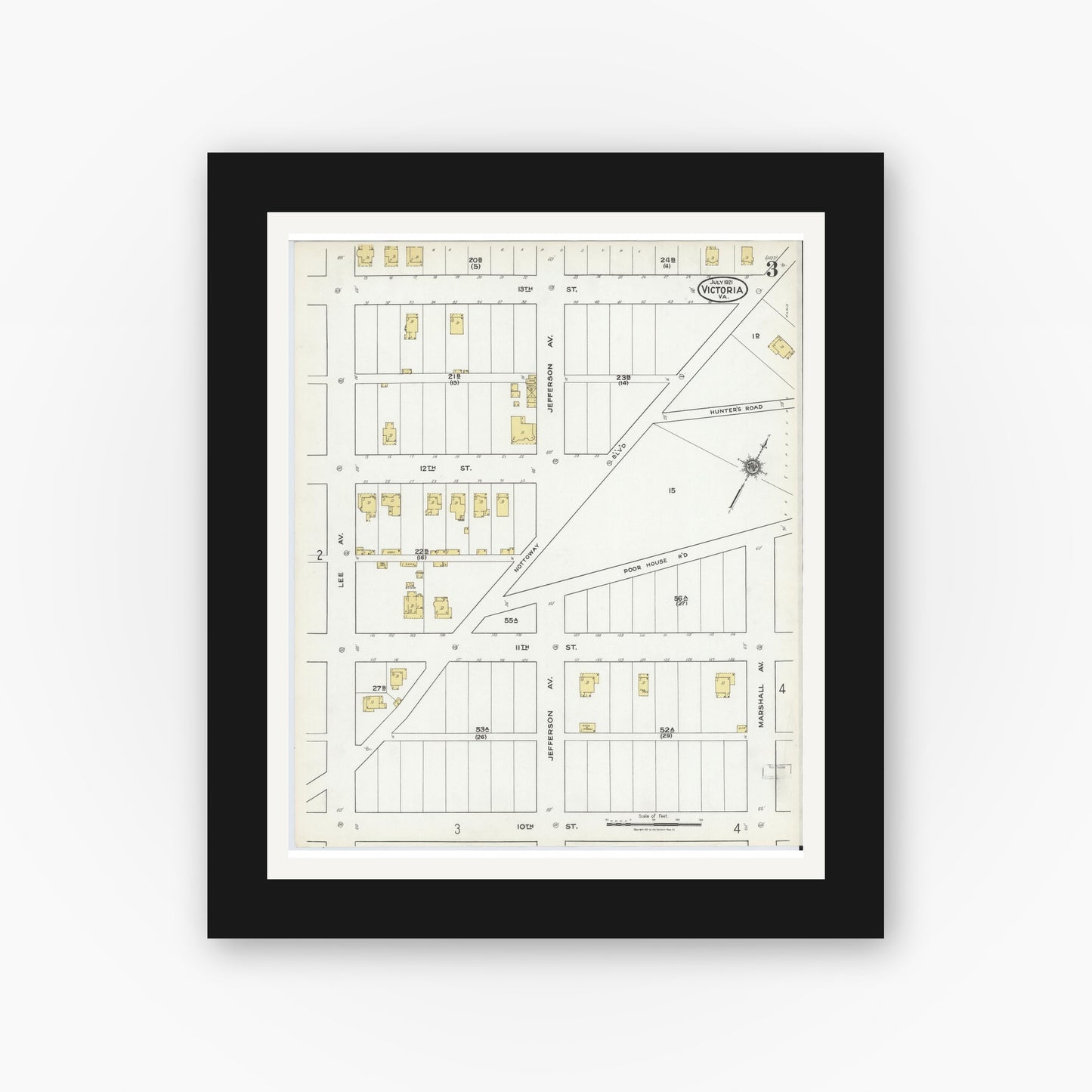 Old map wall art mockup — black gallery frame with white mat — Sanborn Fire Insurance Map from Victoria, Lunenburg County, Virginia (1921), Sheet #0003