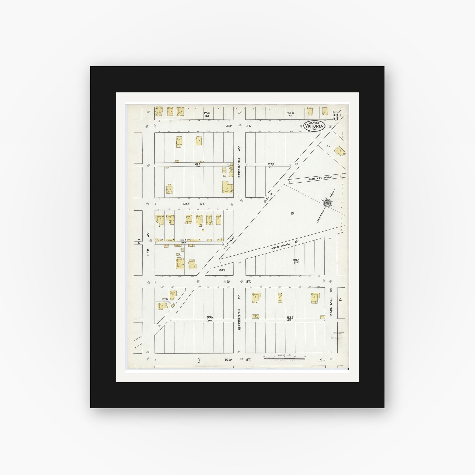 Old map wall art mockup — black gallery frame with white mat — Sanborn Fire Insurance Map from Victoria, Lunenburg County, Virginia (1921), Sheet #0003