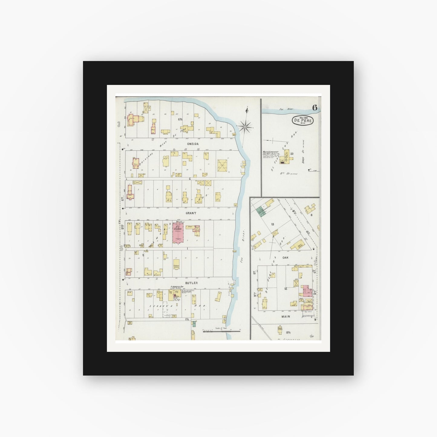 Old map wall art mockup — black gallery frame with white mat — Sanborn Fire Insurance Map from De Pere, Brown County, Wisconsin (1895), Sheet #0006