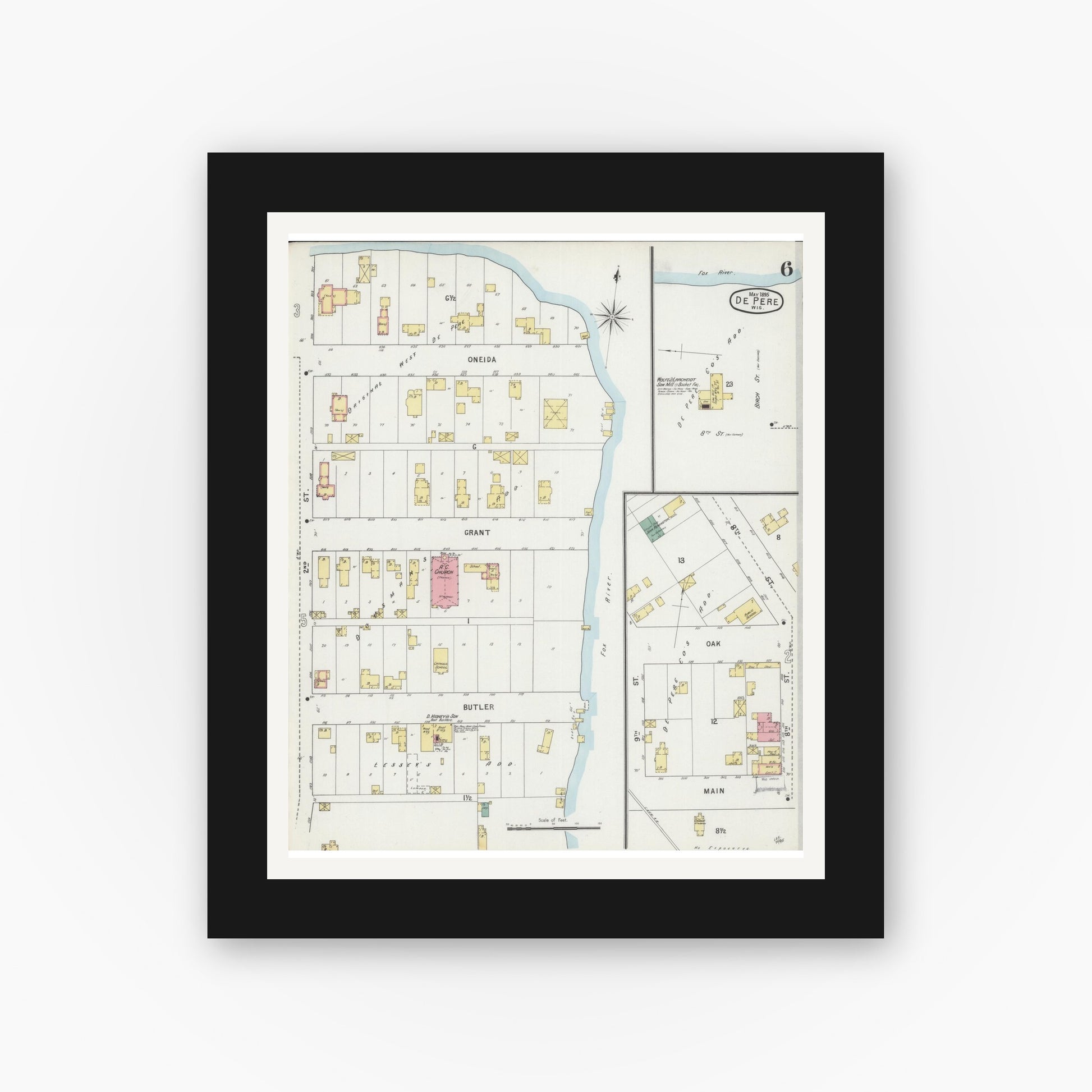 Old map wall art mockup — black gallery frame with white mat — Sanborn Fire Insurance Map from De Pere, Brown County, Wisconsin (1895), Sheet #0006