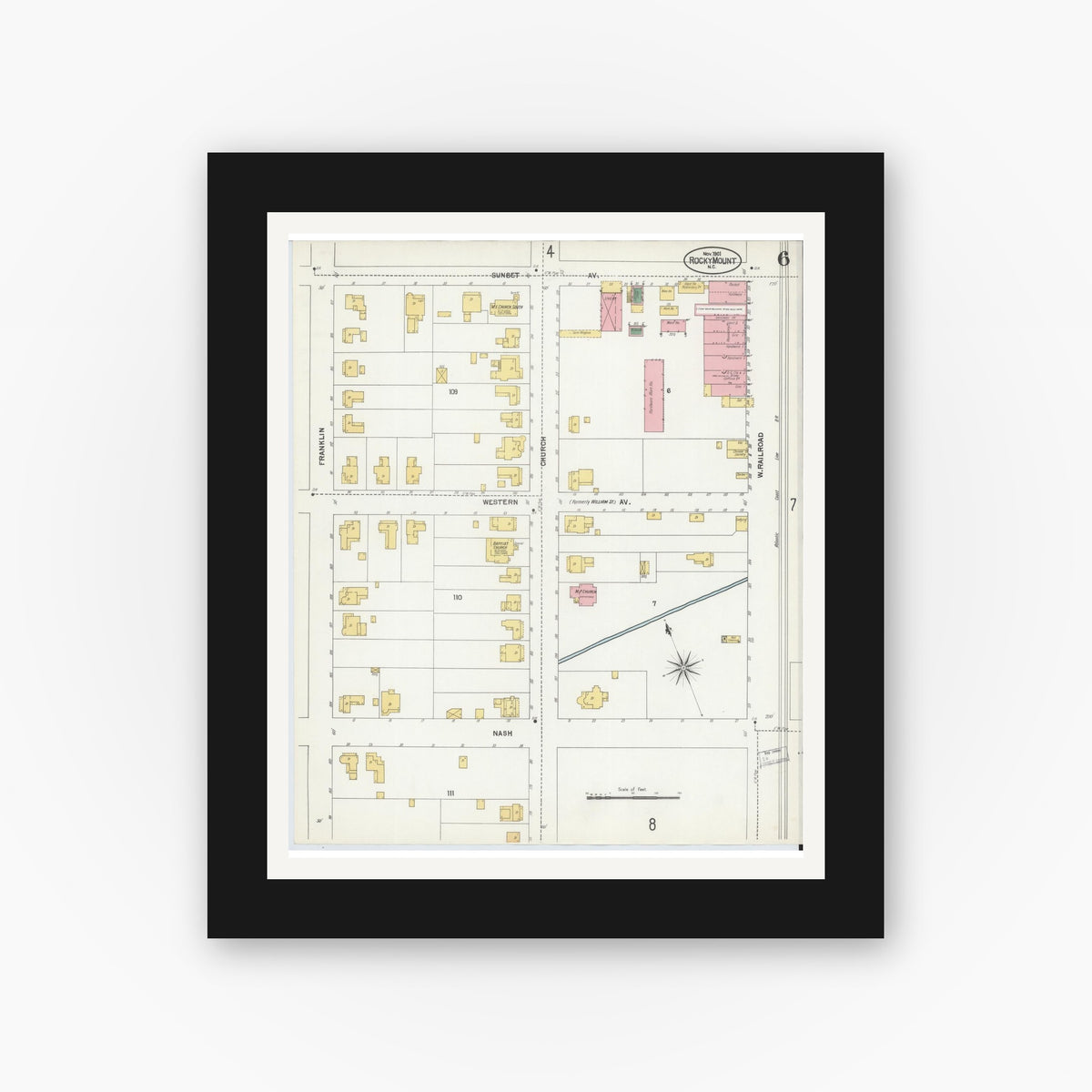 Old map wall art mockup — black gallery frame with white mat — Sanborn Fire Insurance Map from Rocky Mount, Edgecombe And Nash Counties, North Carolina (1901), Sheet #0006