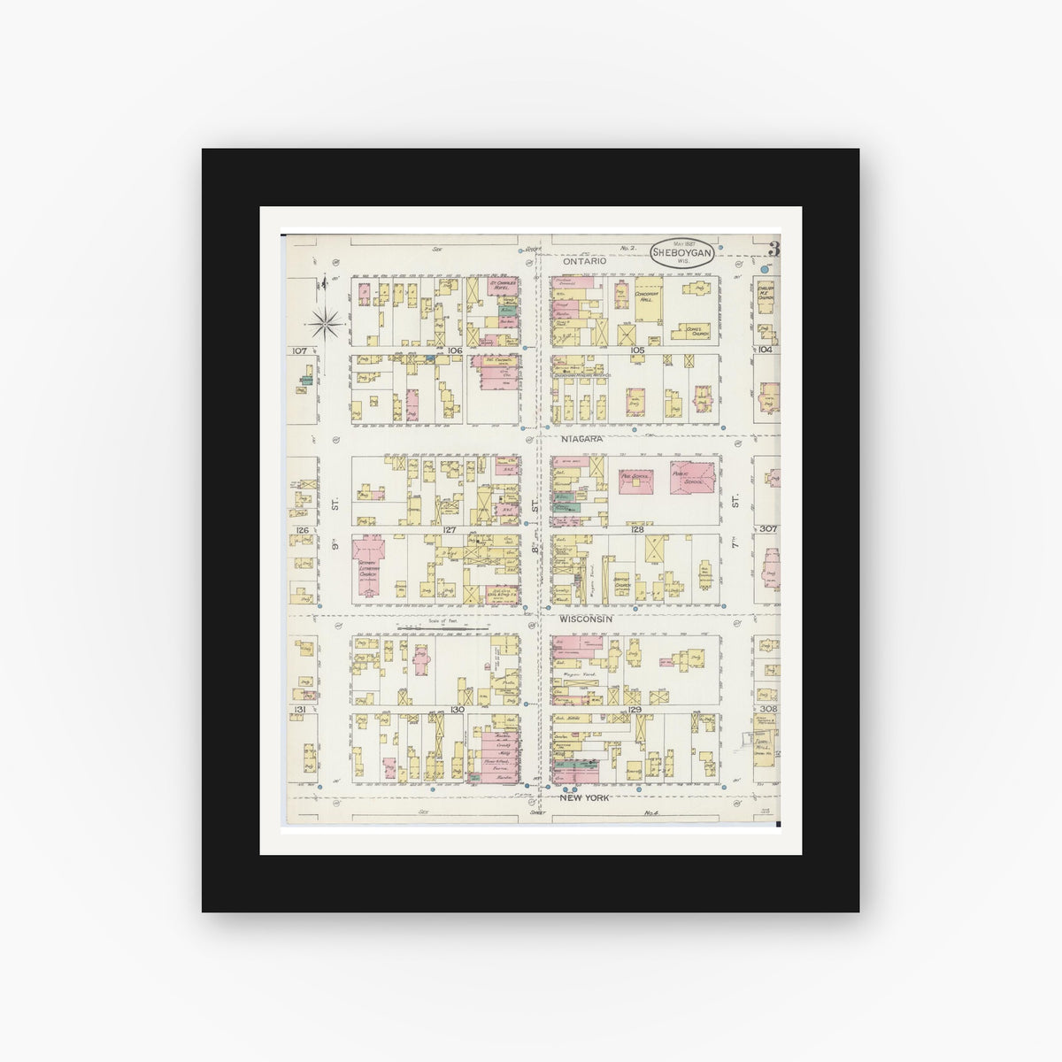Old map wall art mockup — black gallery frame with white mat — Sanborn Fire Insurance Map from Sheboygan, Sheboygan County, Wisconsin (1887), Sheet #0003