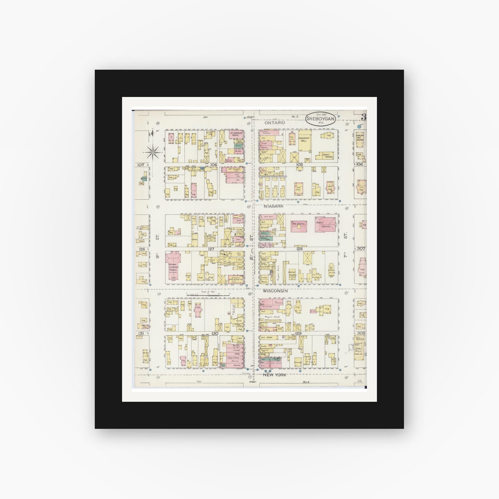 Old map wall art mockup — black gallery frame with white mat — Sanborn Fire Insurance Map from Sheboygan, Sheboygan County, Wisconsin (1887), Sheet #0003