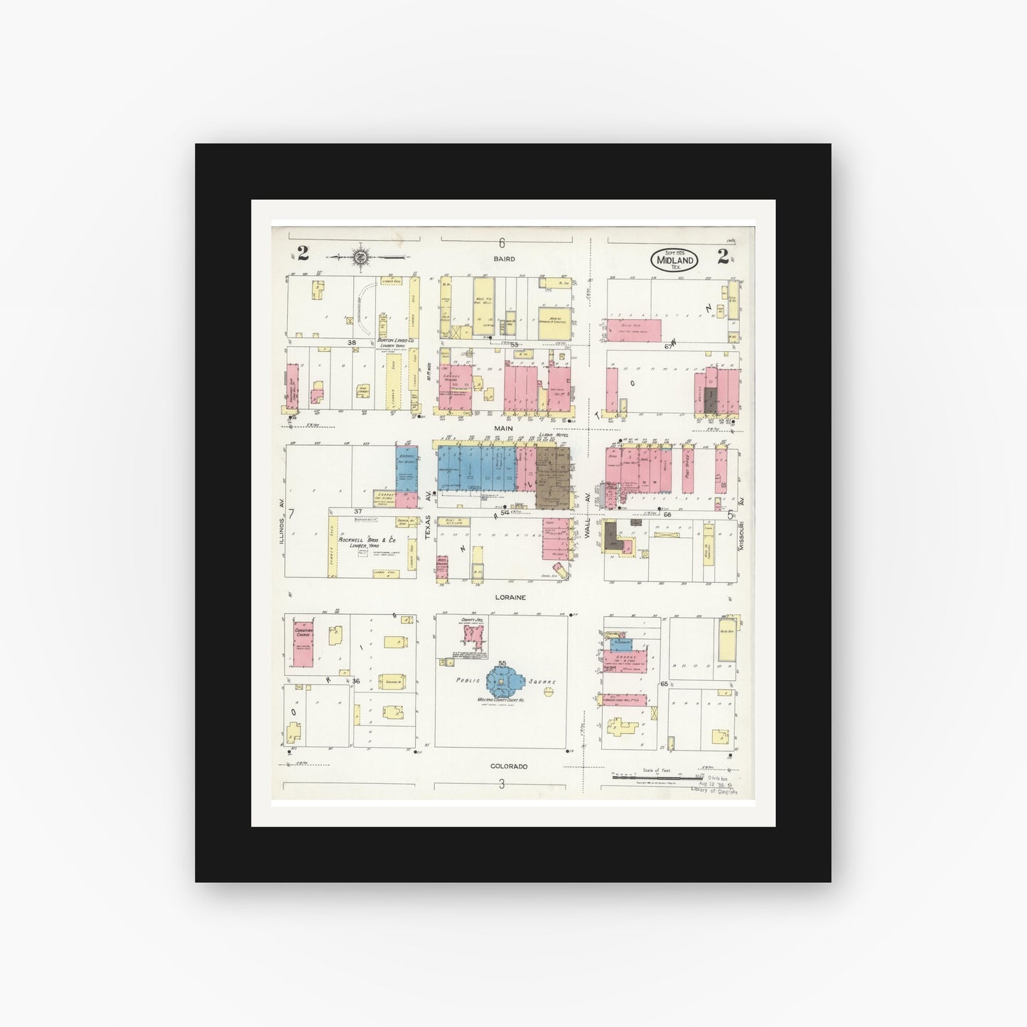Old map wall art mockup — black gallery frame with white mat — Sanborn Fire Insurance Map from Midland, Midland County, Texas (1925), Sheet #0002