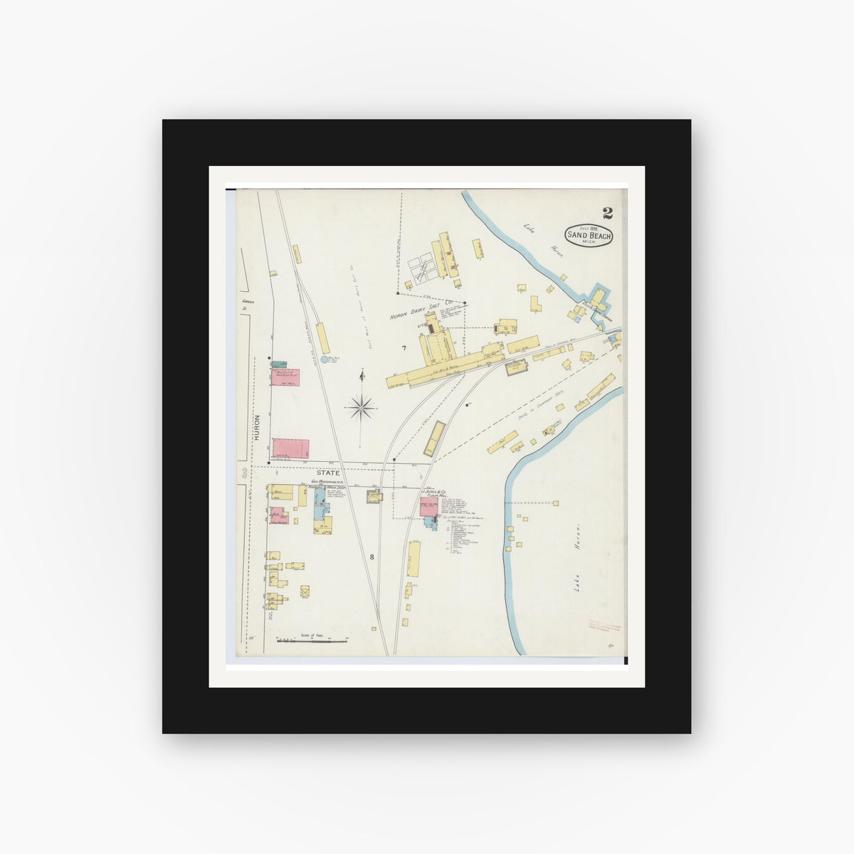 Old map wall art mockup — black gallery frame with white mat — Sanborn Fire Insurance Map from Sand Beach, Huron County, Michigan (1893), Sheet #0002