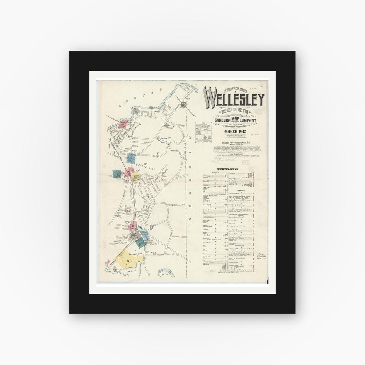Old map wall art mockup — black gallery frame with white mat — Sanborn Fire Insurance Map from Wellesley, Norfolk County, Massachusetts (1912), Sheet #0001