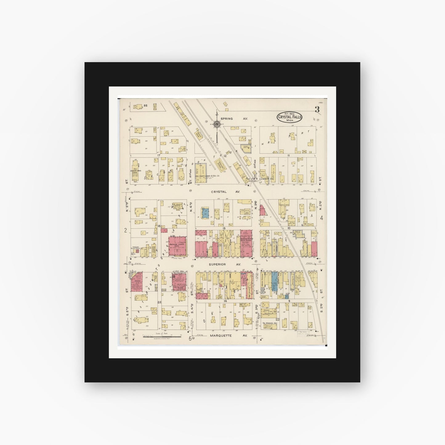 Old map wall art mockup — black gallery frame with white mat — Sanborn Fire Insurance Map from Crystal Falls, Iron County, Michigan (1922), Sheet #0003