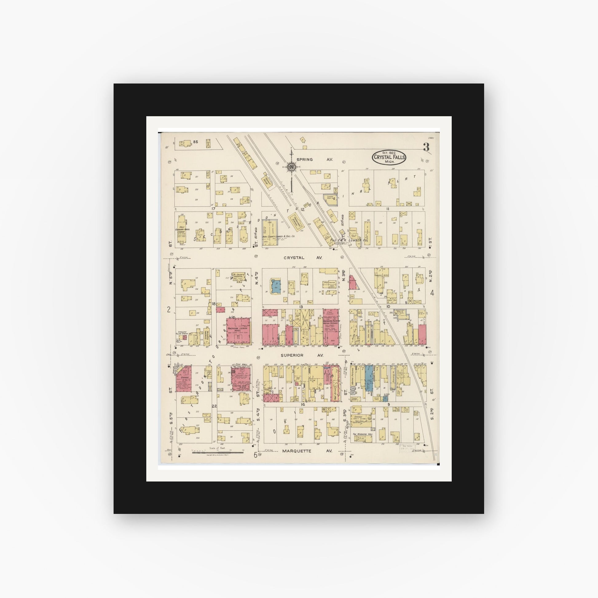 Old map wall art mockup — black gallery frame with white mat — Sanborn Fire Insurance Map from Crystal Falls, Iron County, Michigan (1922), Sheet #0003