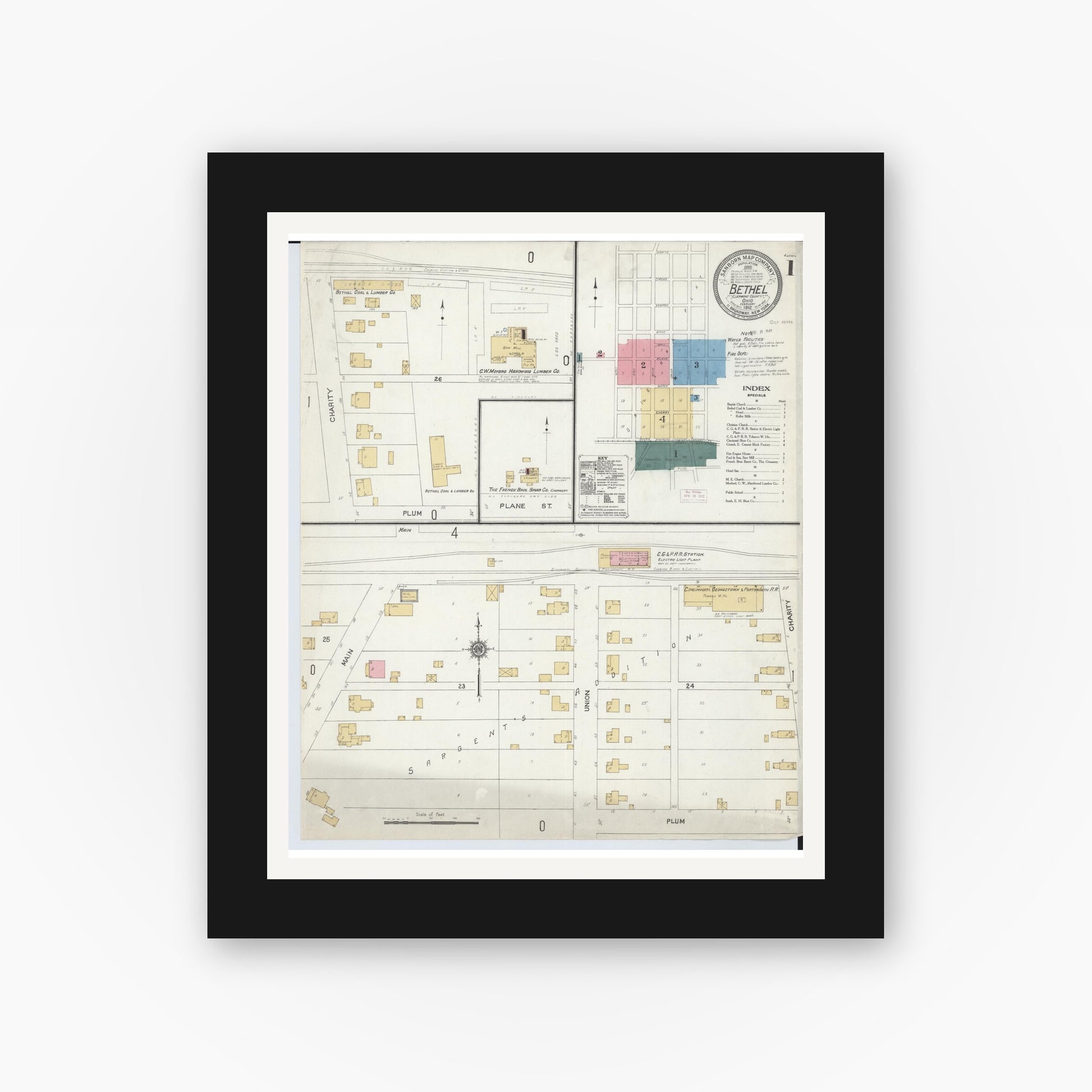 Old map wall art mockup — black gallery frame with white mat — Sanborn Fire Insurance Map from Bethel, Clermont County, Ohio (1912), Sheet #0001