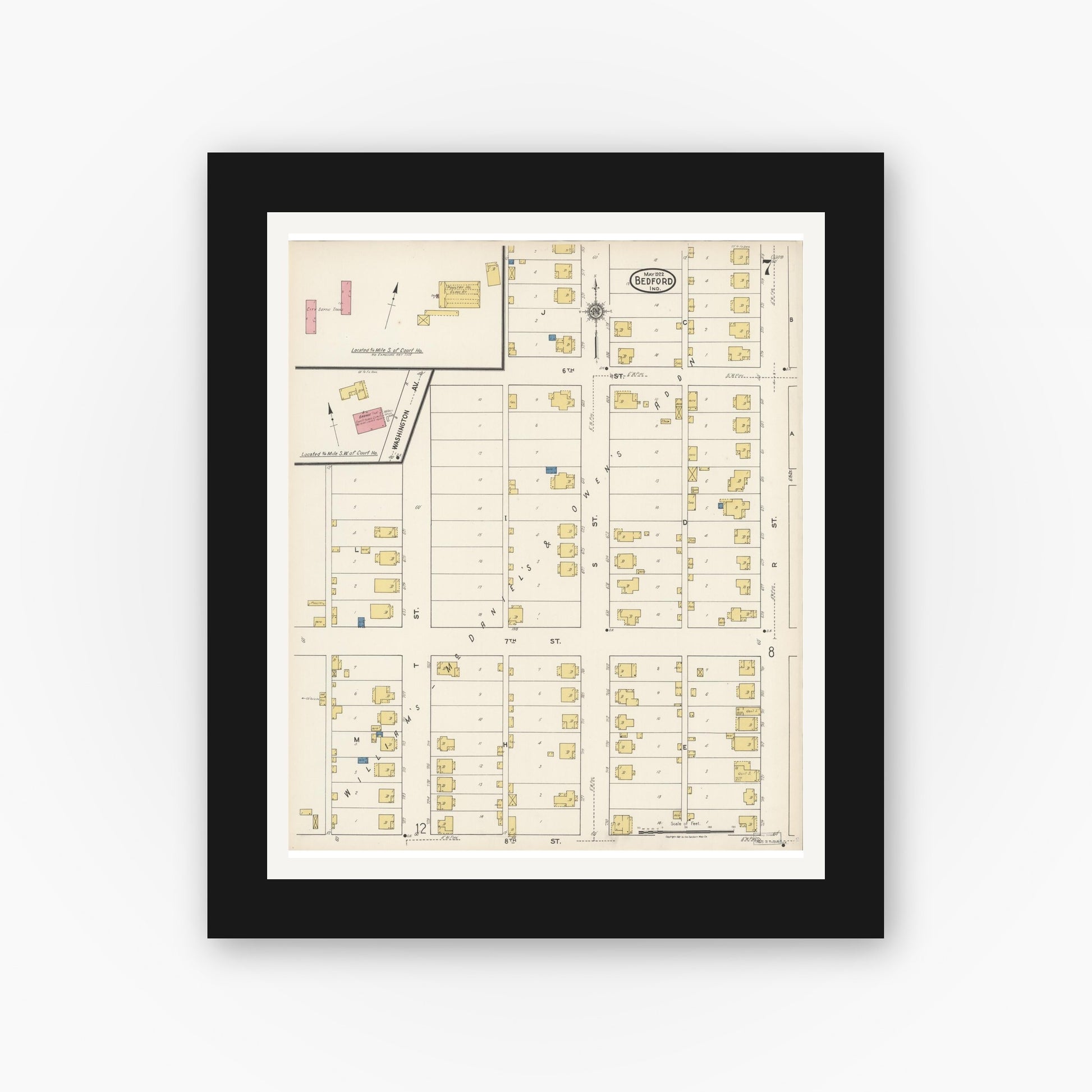 Old map wall art mockup — black gallery frame with white mat — Sanborn Fire Insurance Map from Bedford, Lawrence County, Indiana (1922), Sheet #0007