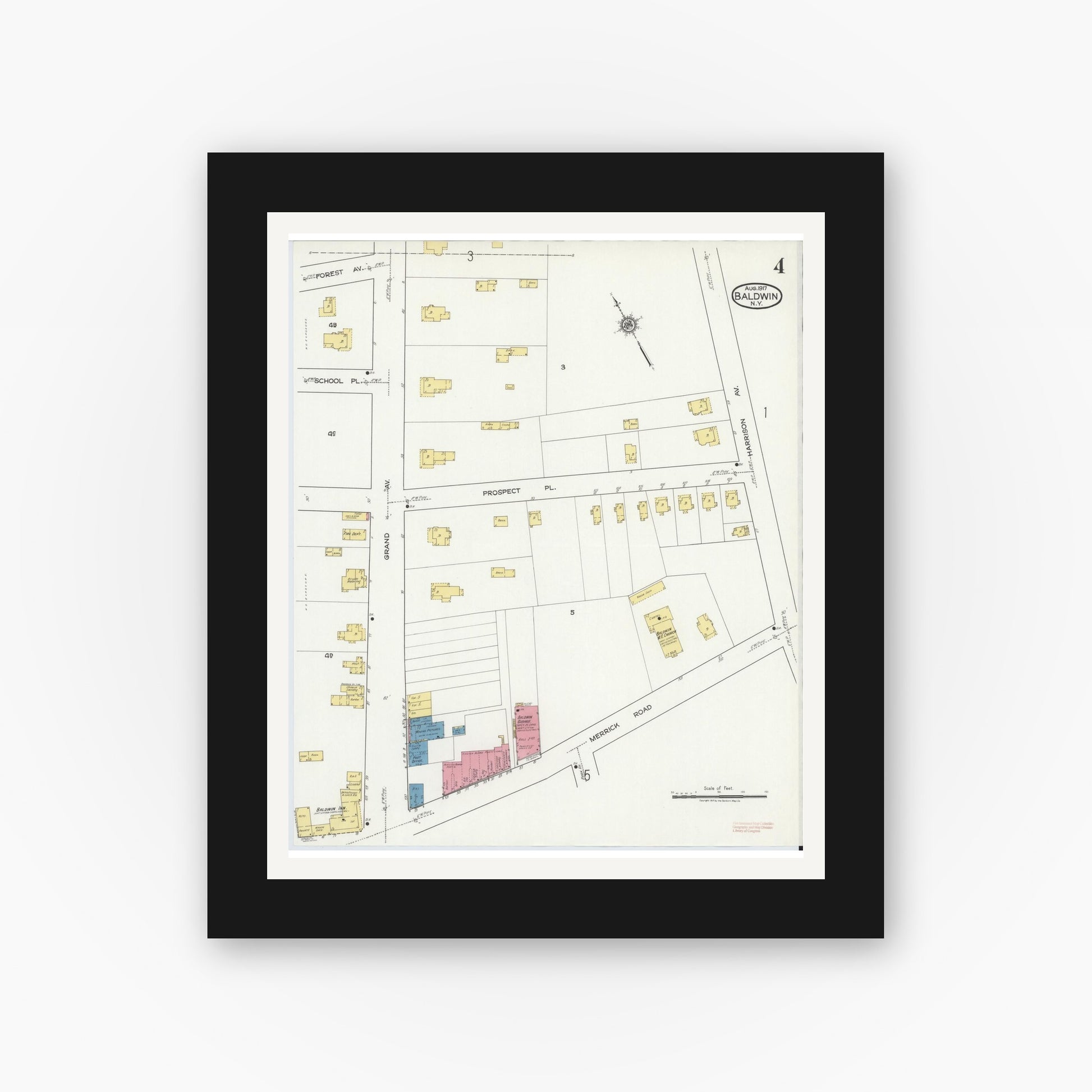 Old map wall art mockup — black gallery frame with white mat — Sanborn Fire Insurance Map from Baldwin, Nassau County, New York (1917), Sheet #0004