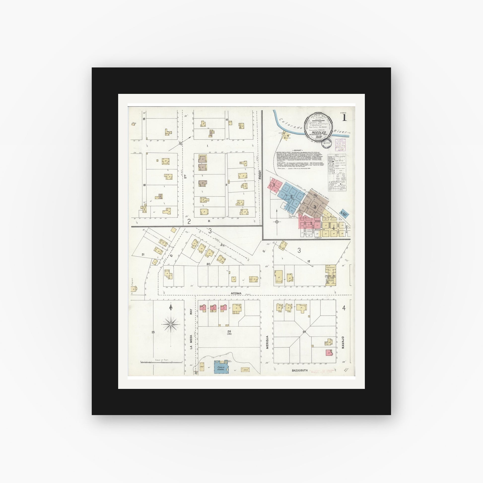 Old map wall art mockup — black gallery frame with white mat — Sanborn Fire Insurance Map from Needles, San Bernardino County, California (1901) - Complete Map Set